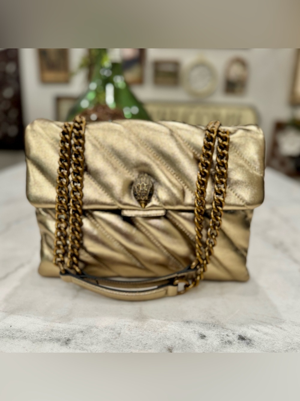 Kurt Geiger Kensington Metallic Gold Quilted Chain Shoulder Bag